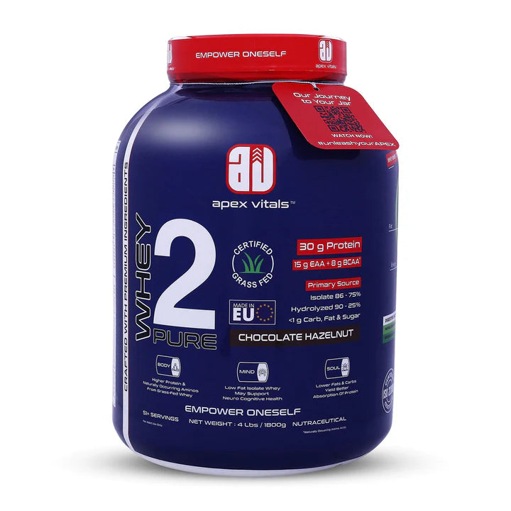 Apex Vitals Whey 2 Pure (2 kg/4 lbs) Grass-fed Whey made in EU . Whey Isolate & Hydrolyzed .