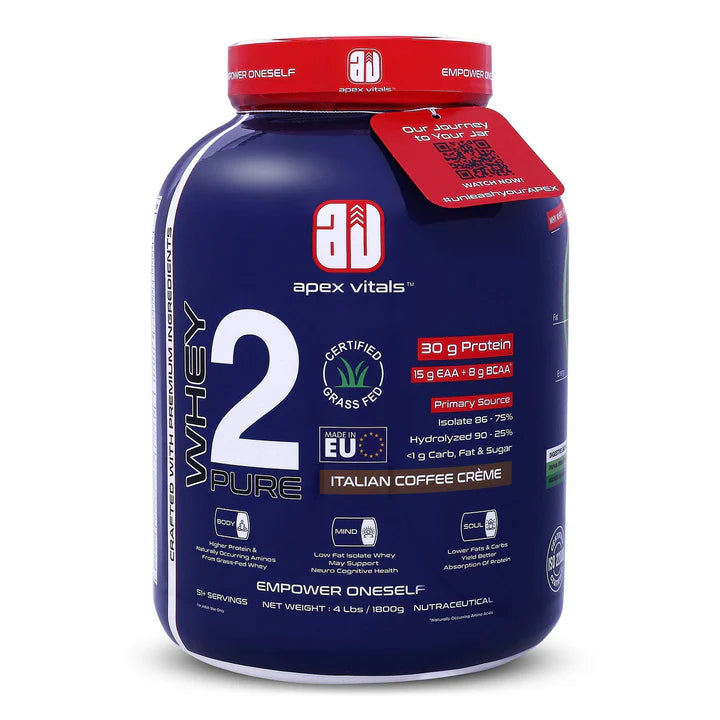 Apex Vitals Whey 2 Pure (2 kg/4 lbs) Grass-fed Whey made in EU . Whey Isolate & Hydrolyzed .