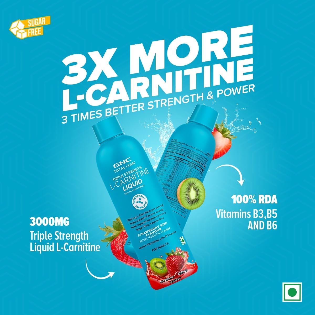 GNC Liquid L-Carnitine 3000mg | Triple Strength Formula | Strawberry Kiwi