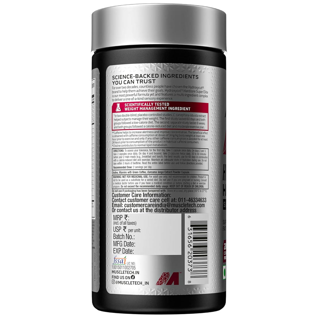 MuscleTech, Hydroxycut Hardcore, Super Elite, Supports Fat Metabolism - Pack of 100 Veggie Capsules, 170 grams