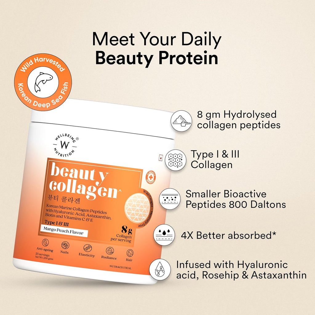 Wellbeing Nutrition Korean Beauty Marine Collagen Skin Radiance Peptides 8g ,250gms