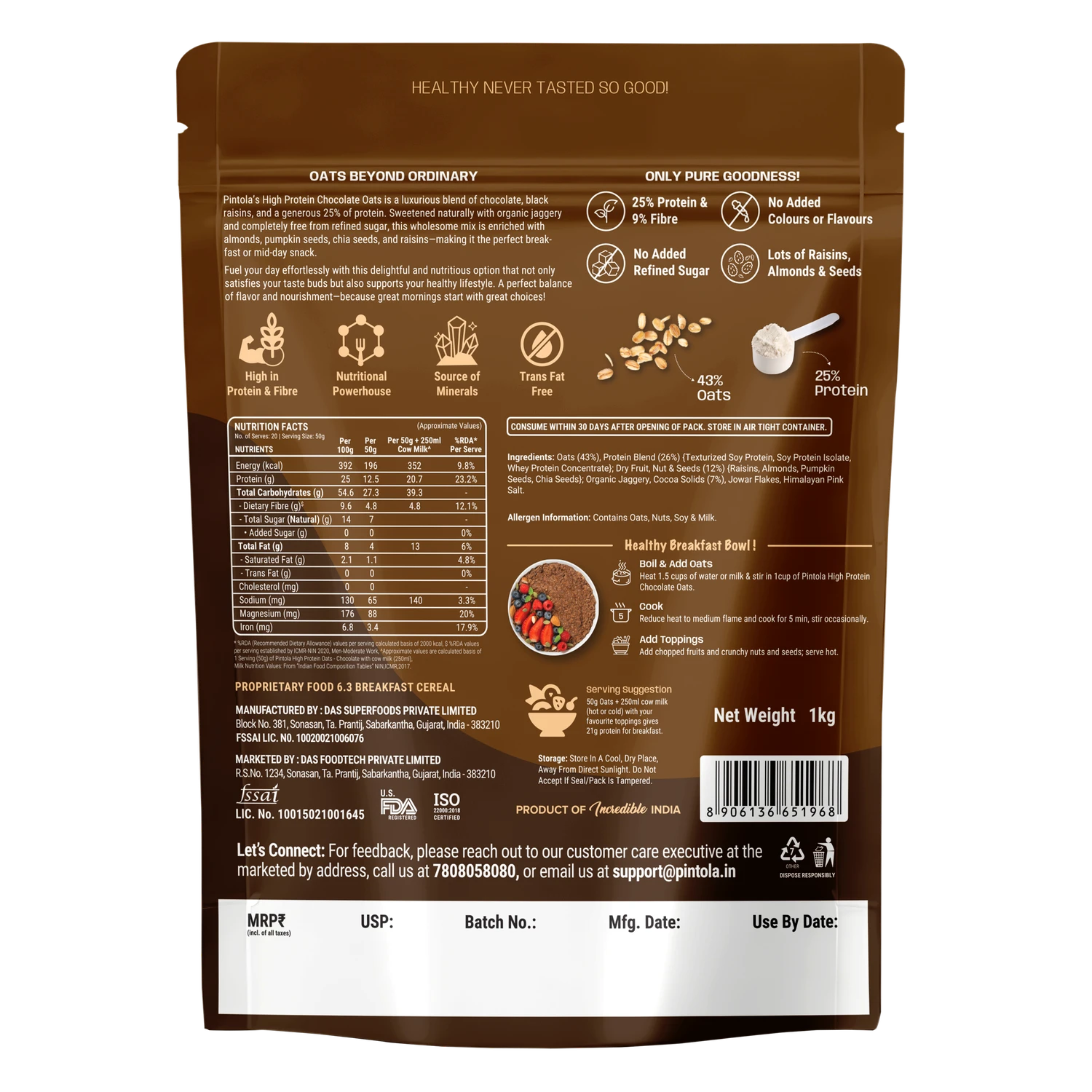 Pintola High Protein Oats - 1 Kg (2.2 Lb), Dark Chocolate
