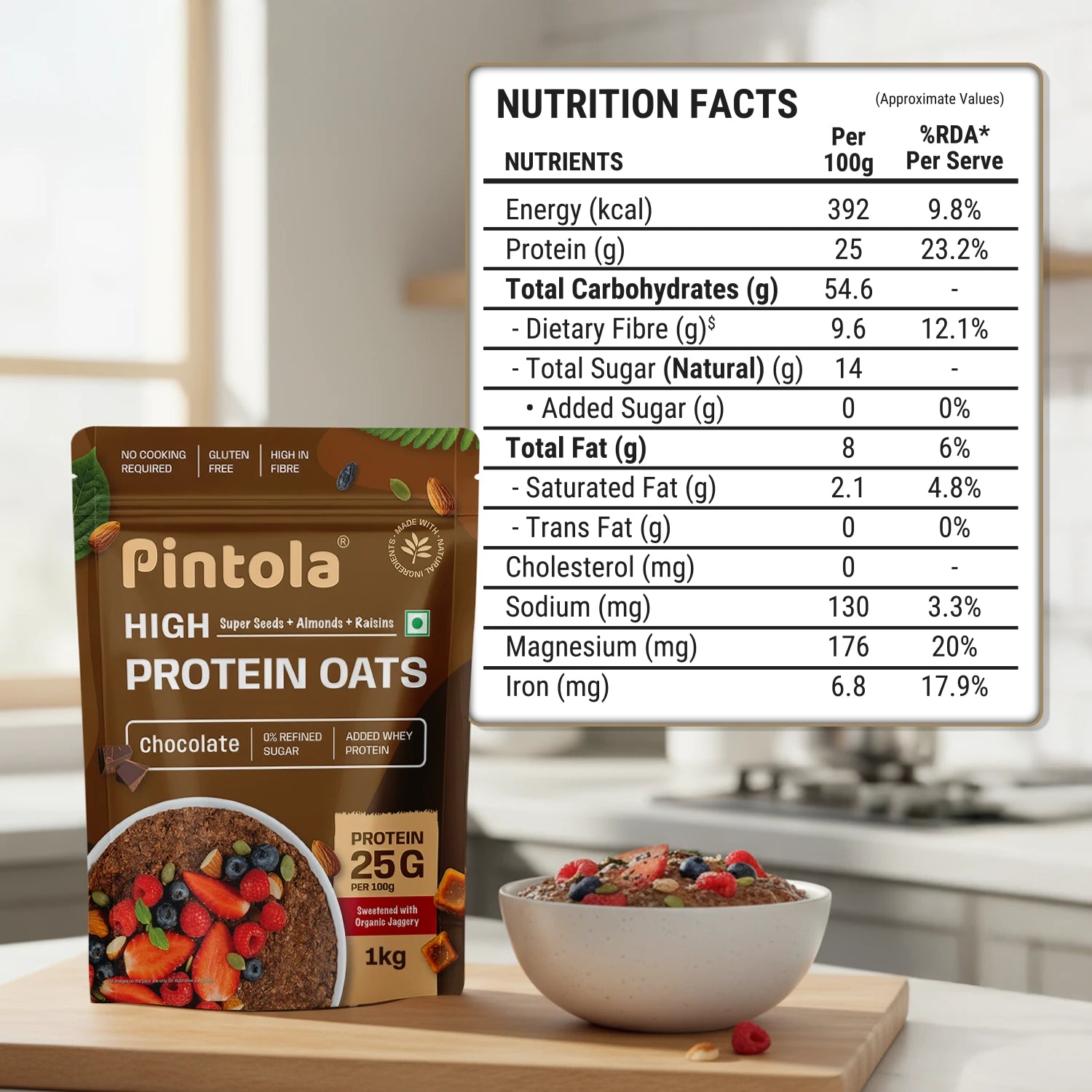 Pintola High Protein Oats - 1 Kg (2.2 Lb), Dark Chocolate